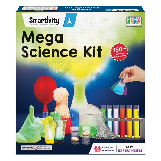 Smartivity Mega Science Kit packaging with colorful experiment images and text.