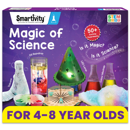 Smartivity Magic of Science kit packaging with colorful experiment images on a purple background