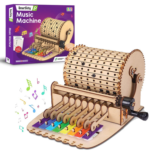 Wooden music machine toy with colorful notes and Smartivity packaging in the background.