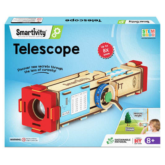 Smartivity Telescope kit packaging with educational content on a blue background
