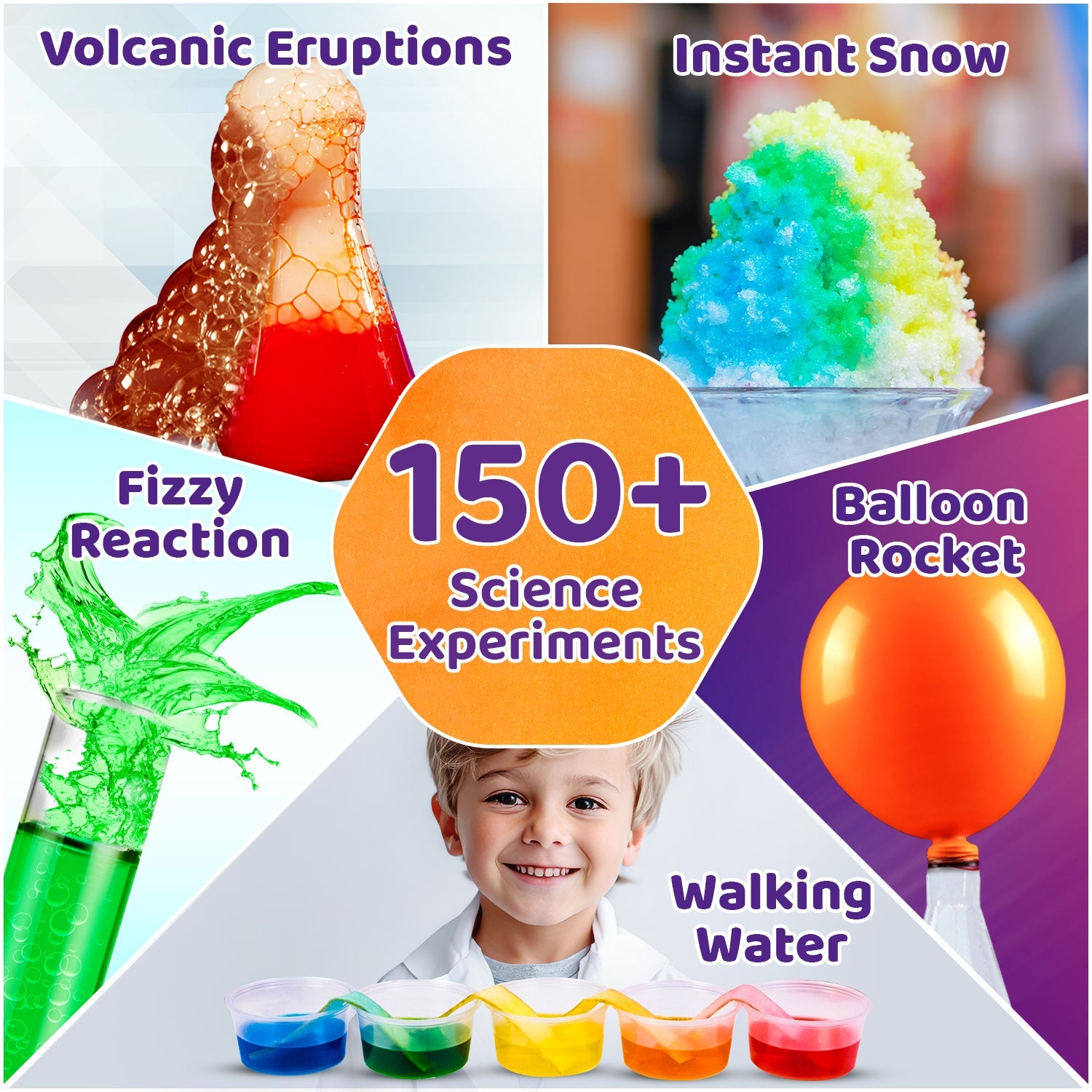Promotional image for science experiments with various activities and a child's face in the center.
