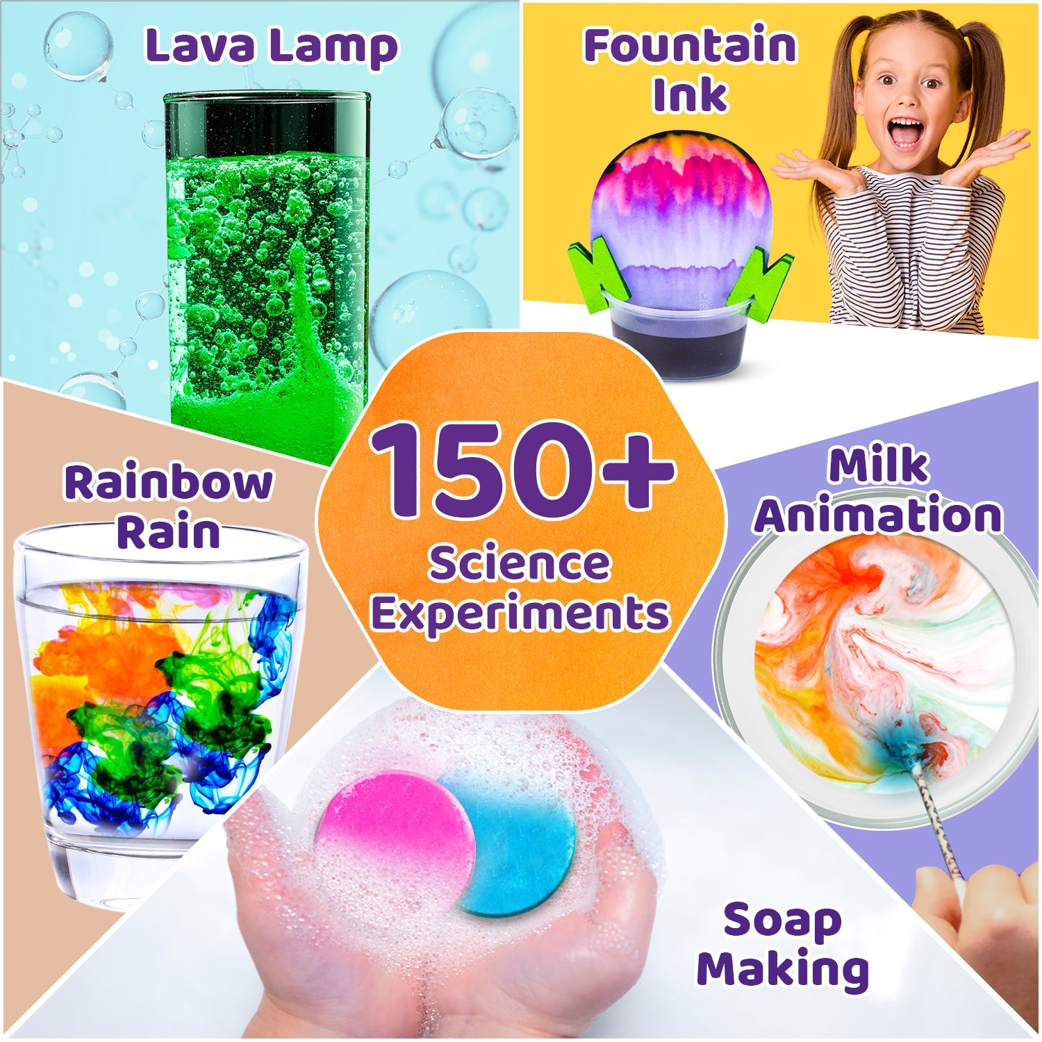 Promotional image for science experiment kits with various activities and a child excitedly showing a colorful fountain.