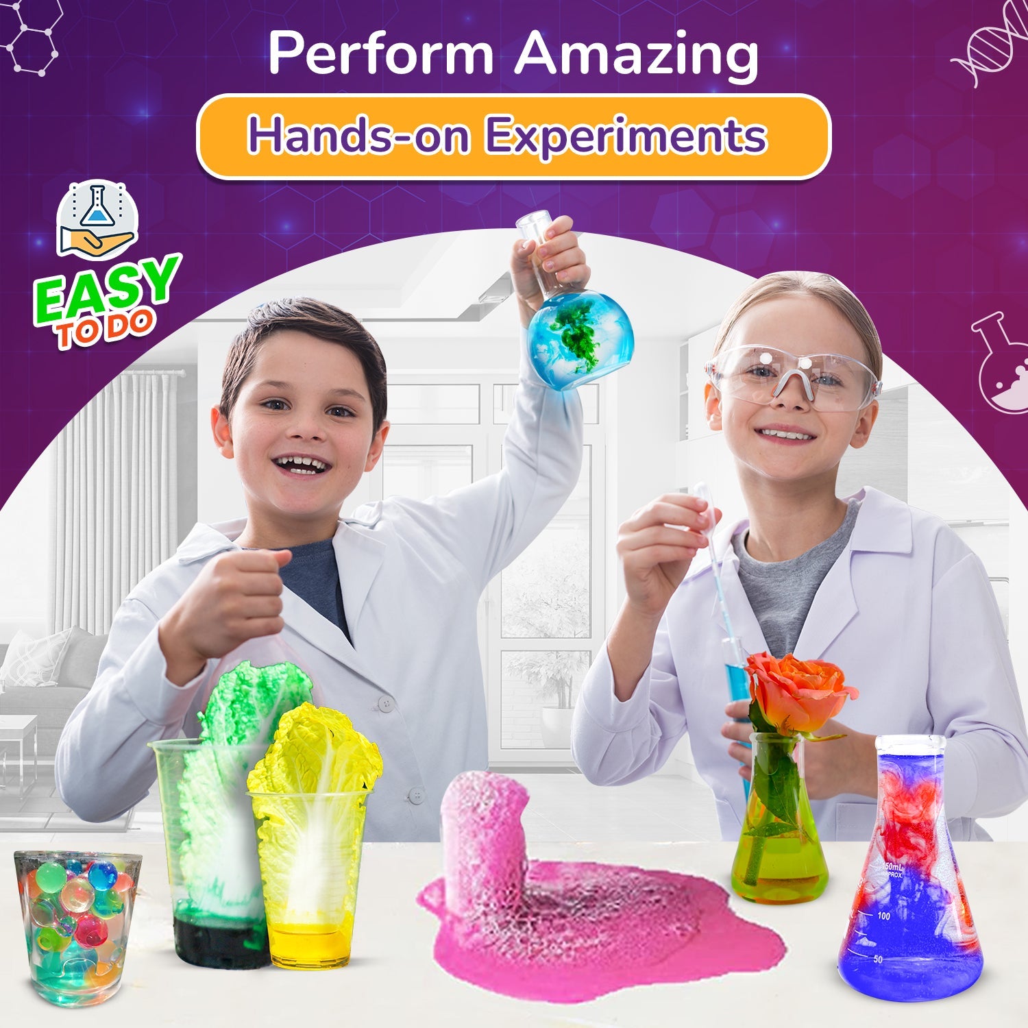 Two children in lab coats performing science experiments with colorful liquids and tools on a white surface.