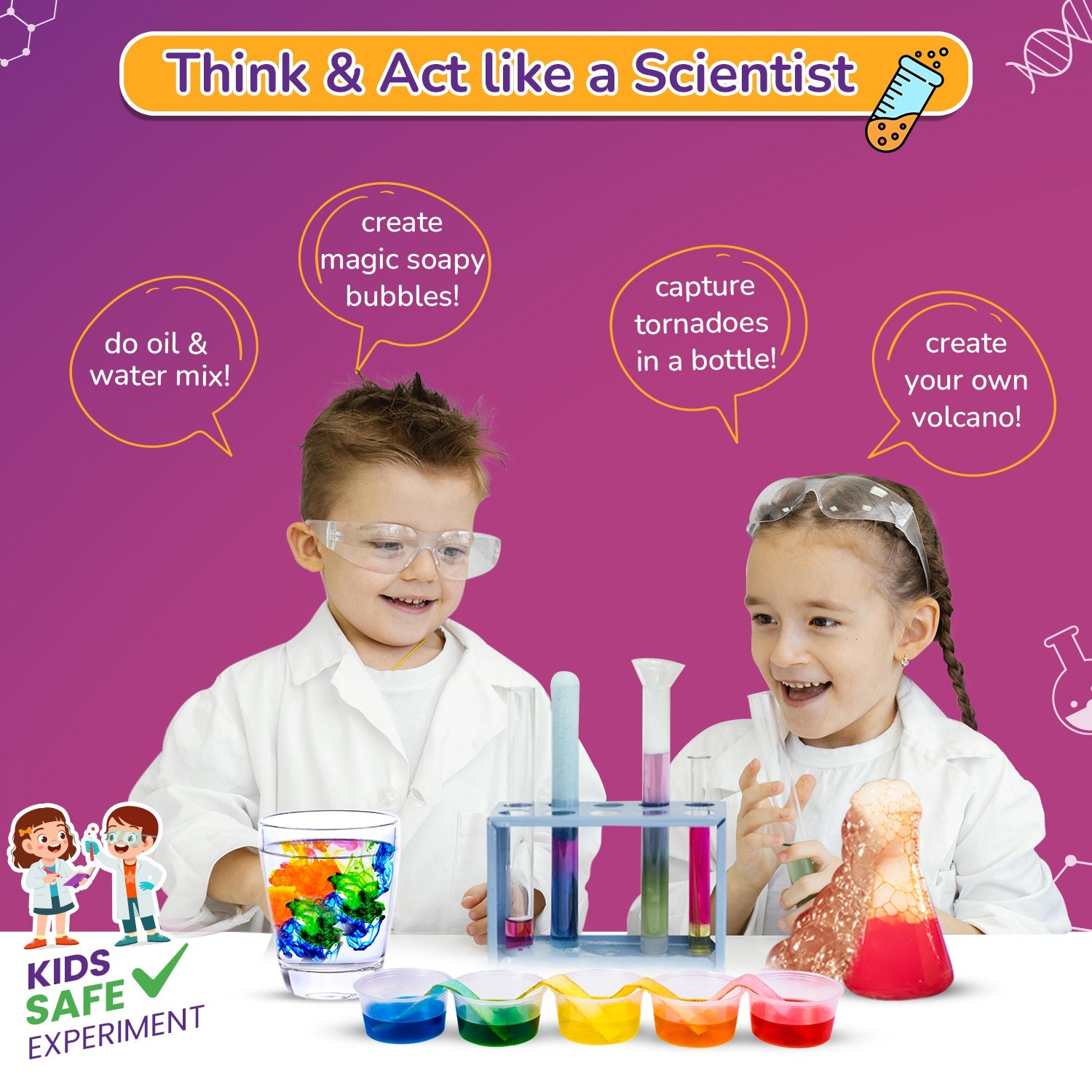 Two children in lab coats conducting science experiments with colorful liquids and equipment on a purple background.