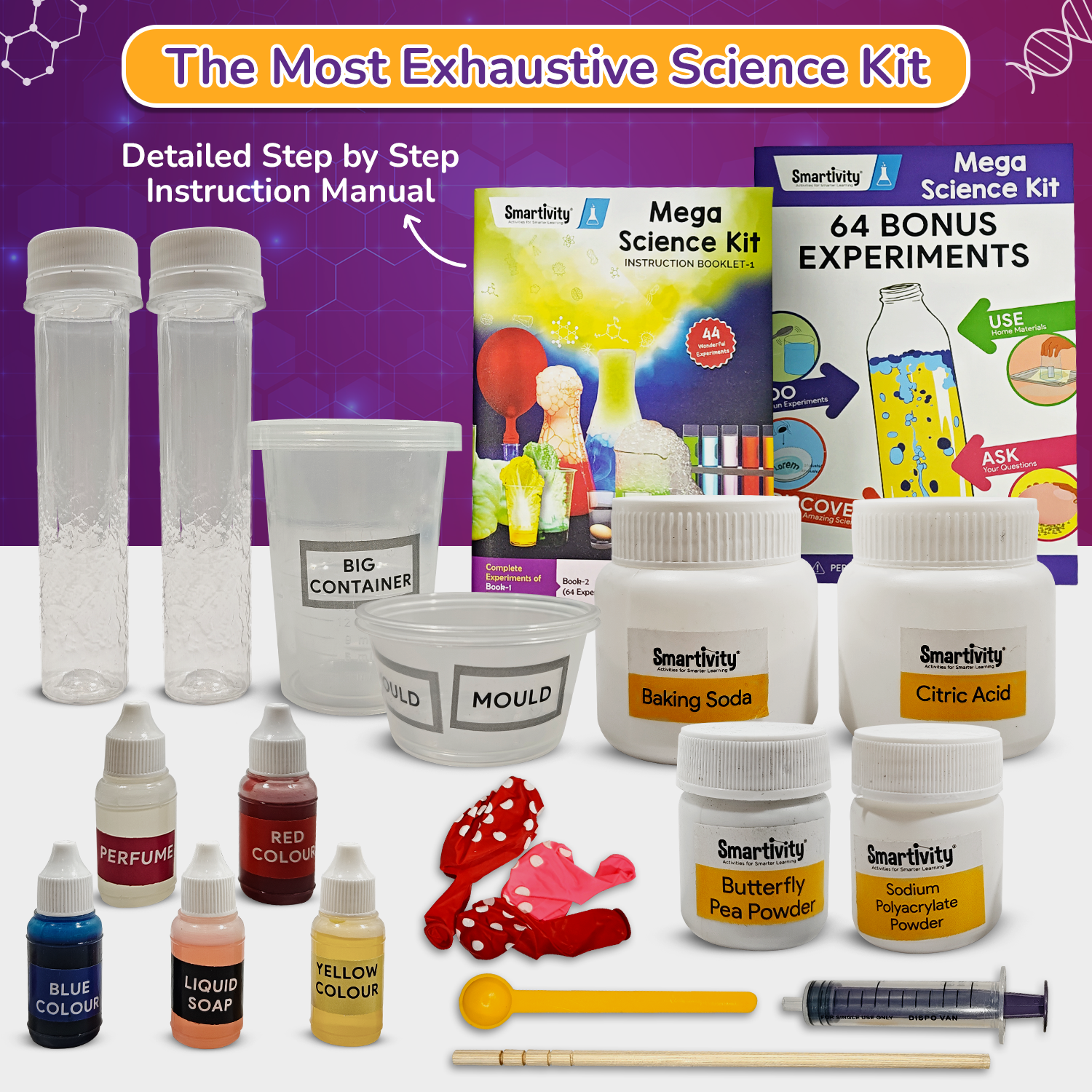 Science kit with various chemicals and tools on a white background
