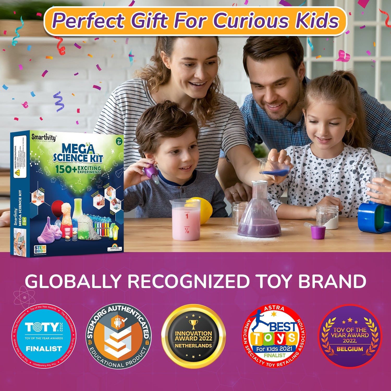 Family engaging with a science kit, with product packaging and awards displayed.