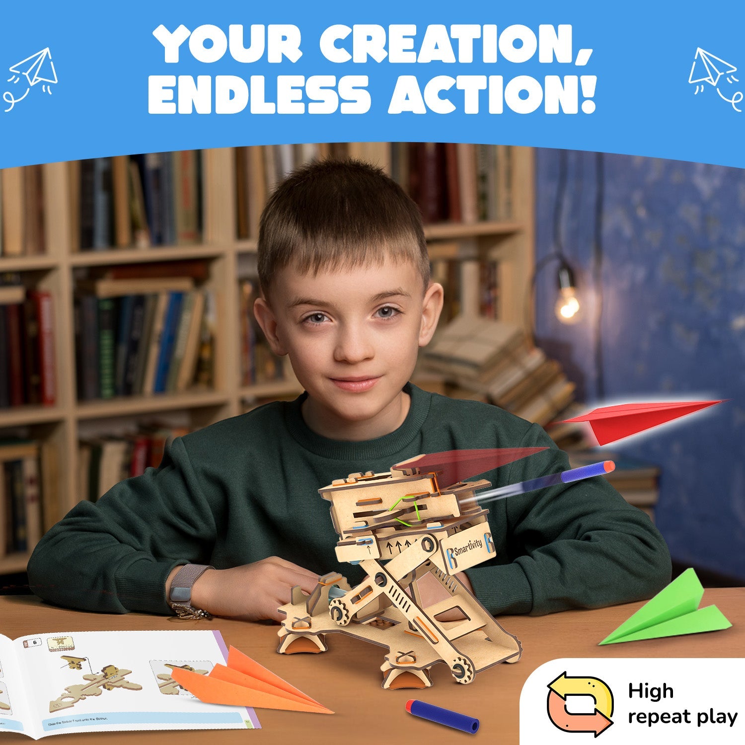 Child playing with a wooden robot toy in a room with bookshelves and paper airplanes.