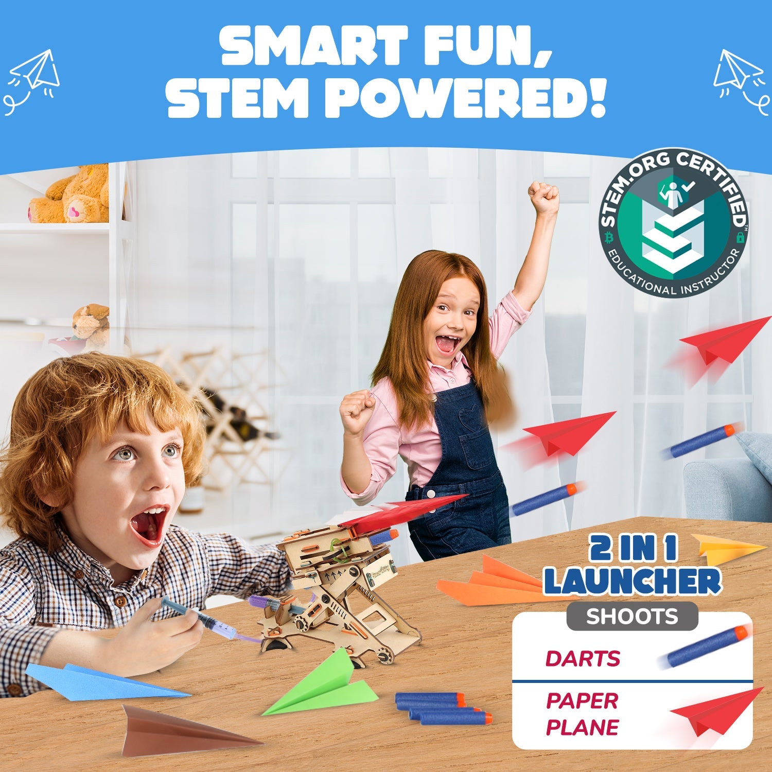 Children playing with a STEM educational toy set on a table, with promotional text and branding.