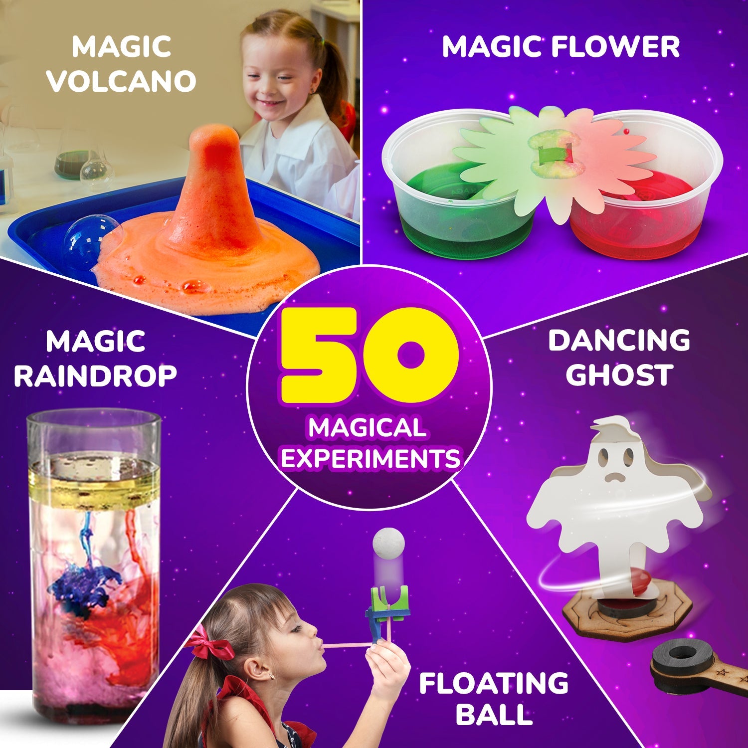 Promotional image of science experiment kits with colorful graphics and text on a purple background.