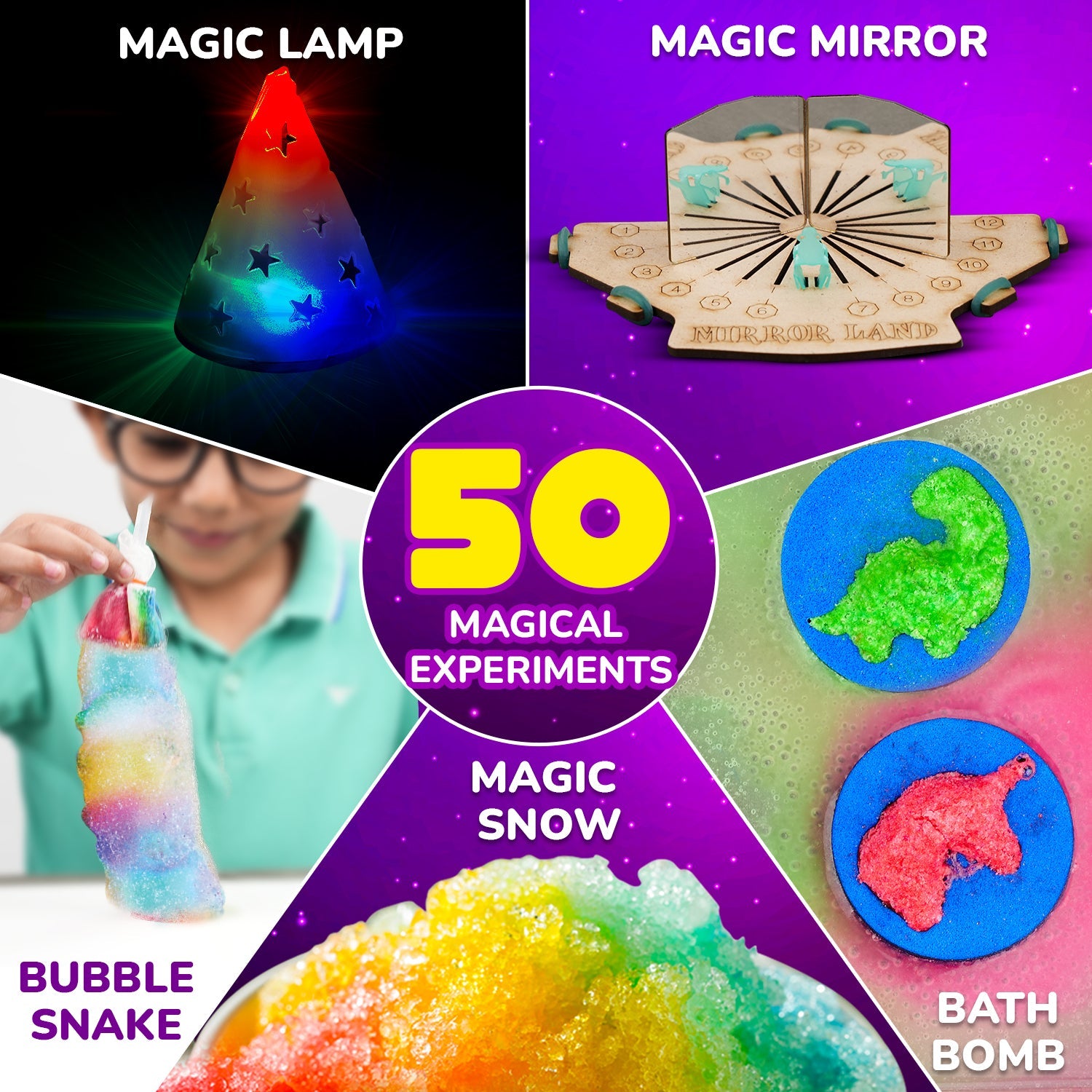 Collage of science experiment kits with text labels on a colorful background
