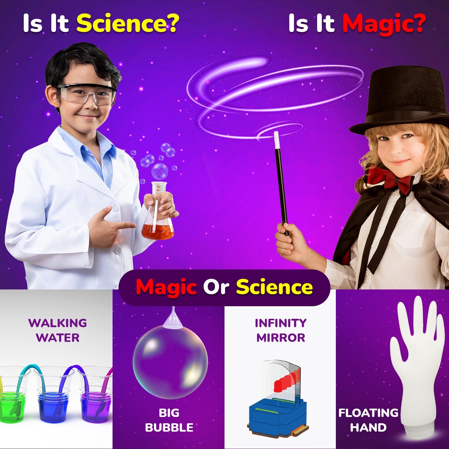 Two children, one in a lab coat and goggles, the other in a magician's outfit with a wand, against a purple background with science and magic-themed activities.