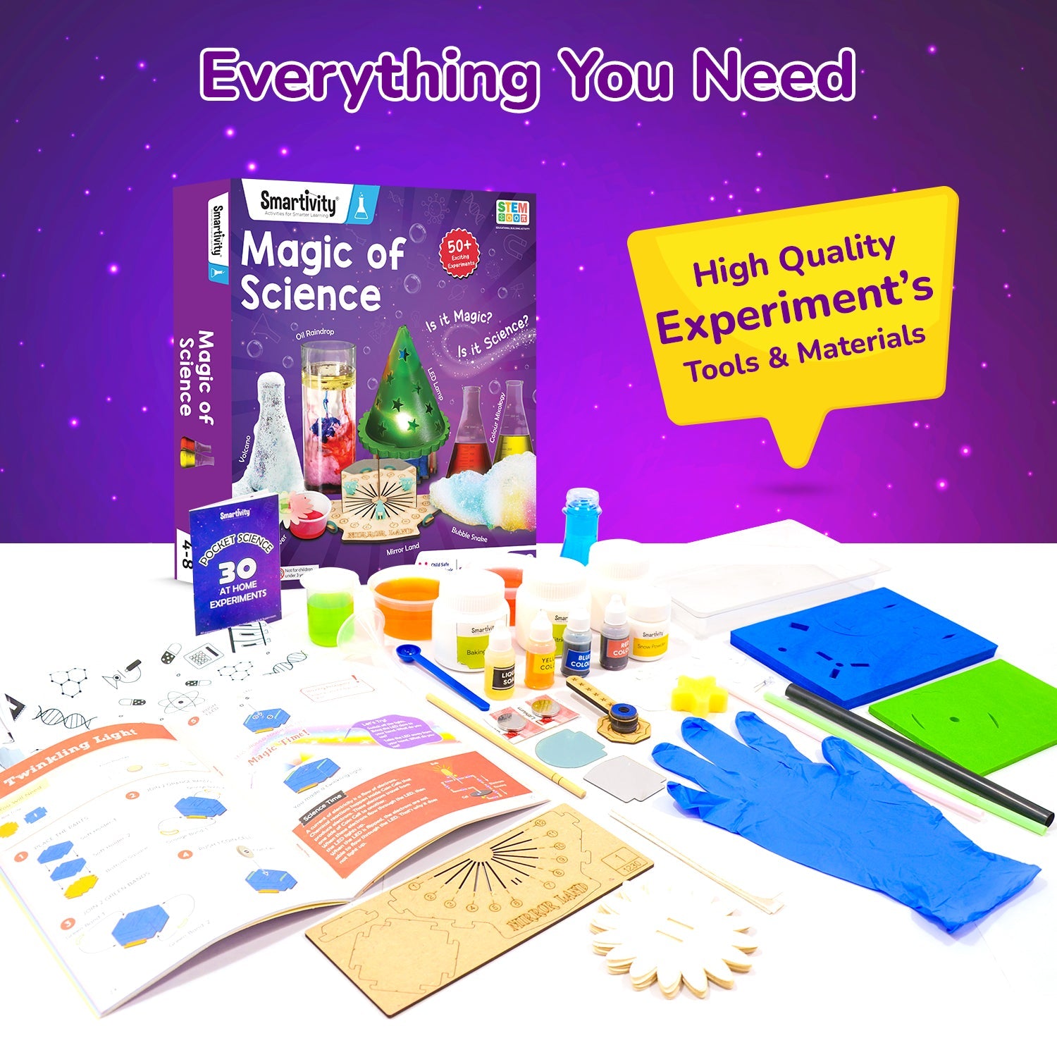 Science experiment kit with materials and tools on a purple background