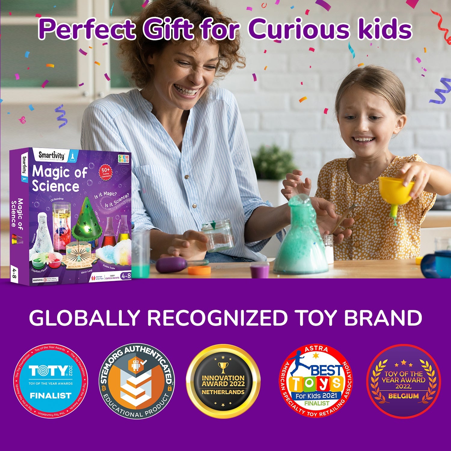 Woman and child conducting a science experiment with a 'Magic of Science' kit, surrounded by awards on a purple background.