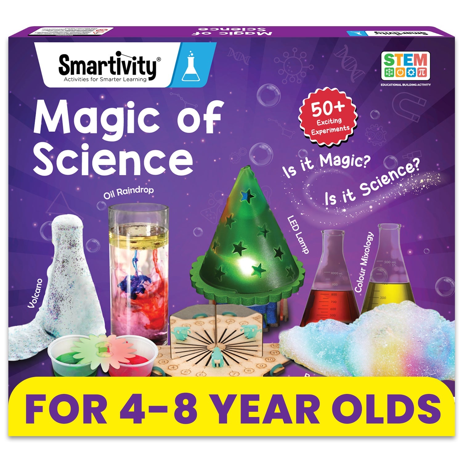 Smartivity Magic of Science kit packaging with colorful experiment images on a purple background