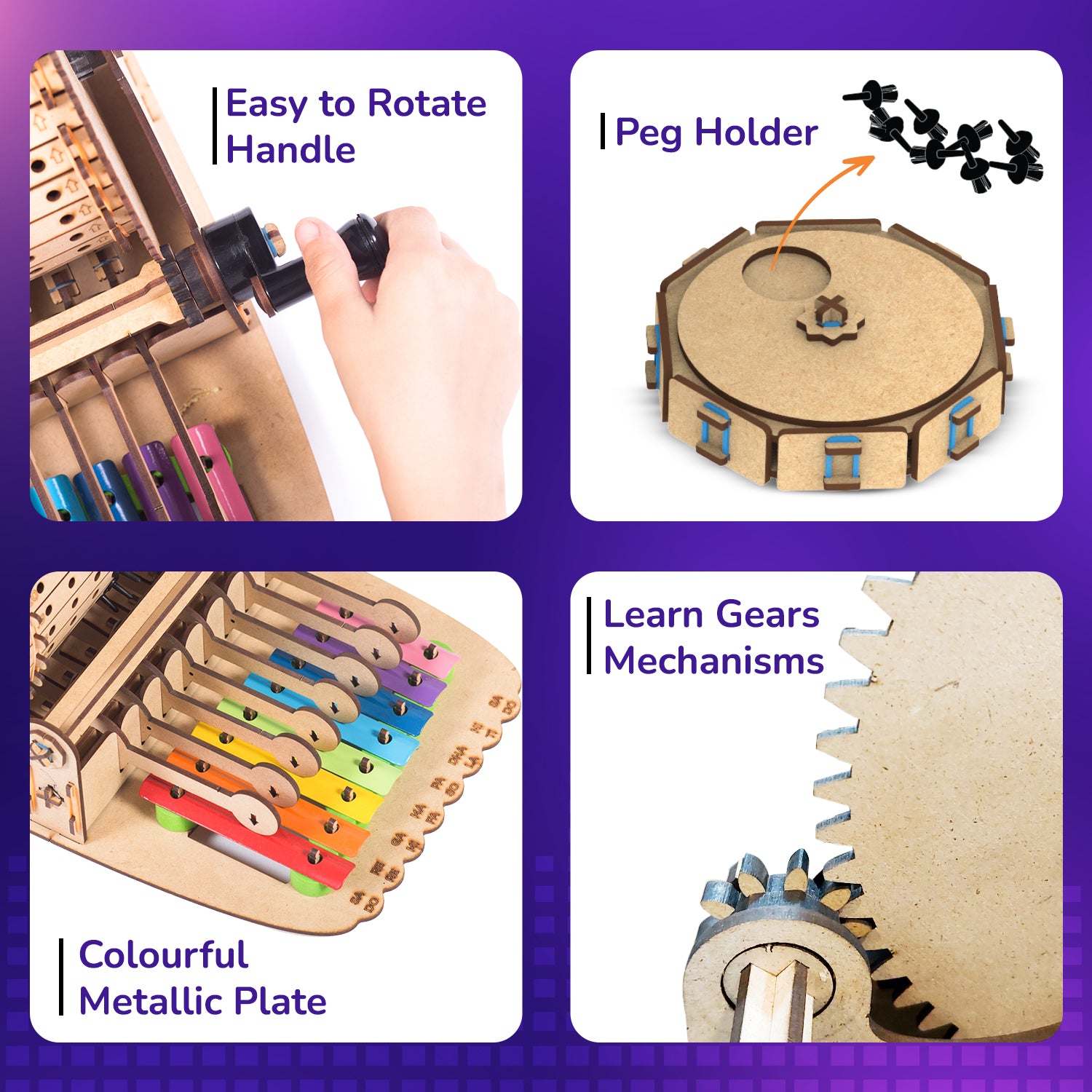 Collage of a wooden mechanical model kit with features highlighted on a purple background.