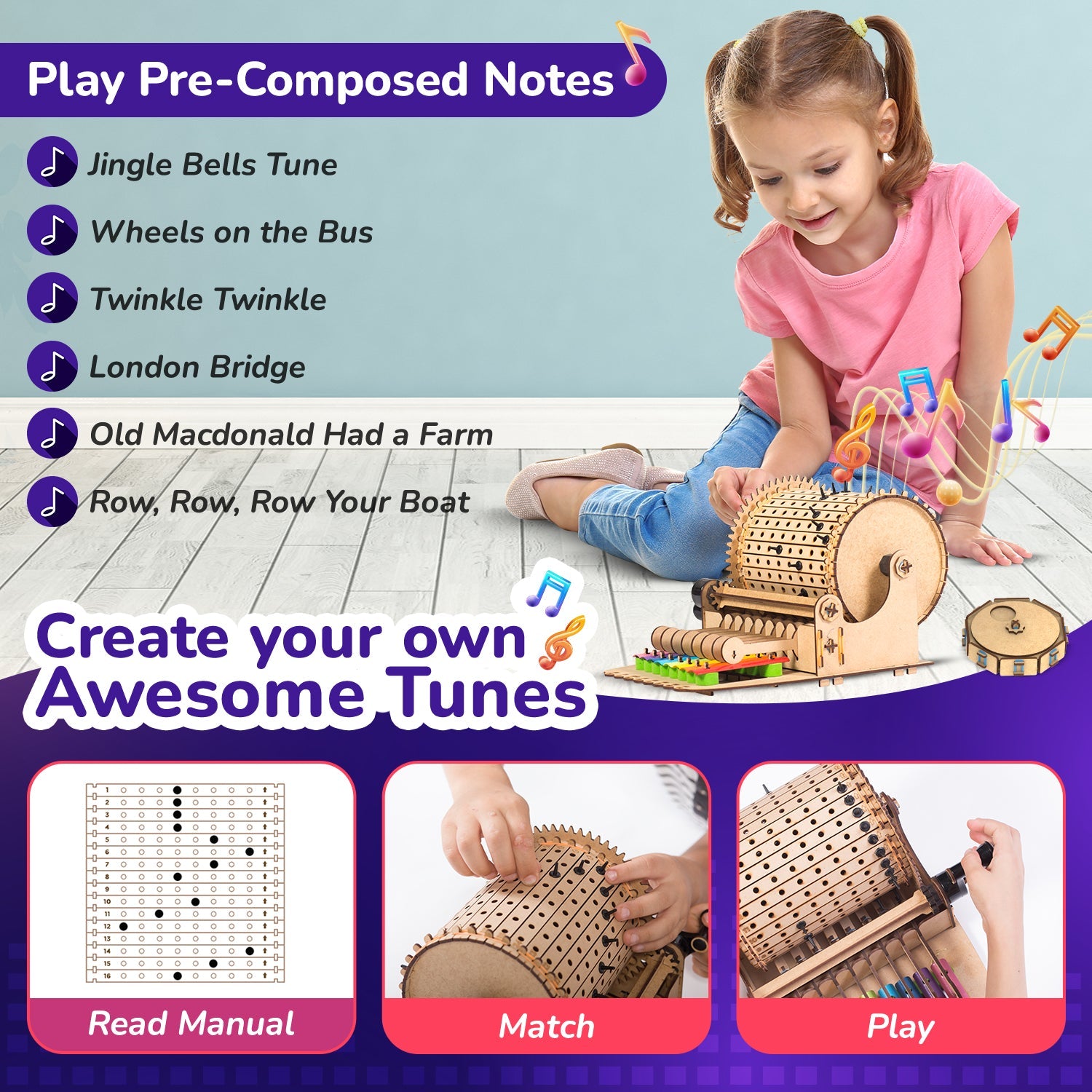 Child playing with a music toy, surrounded by musical notes and text about pre-composed and customizable tunes.