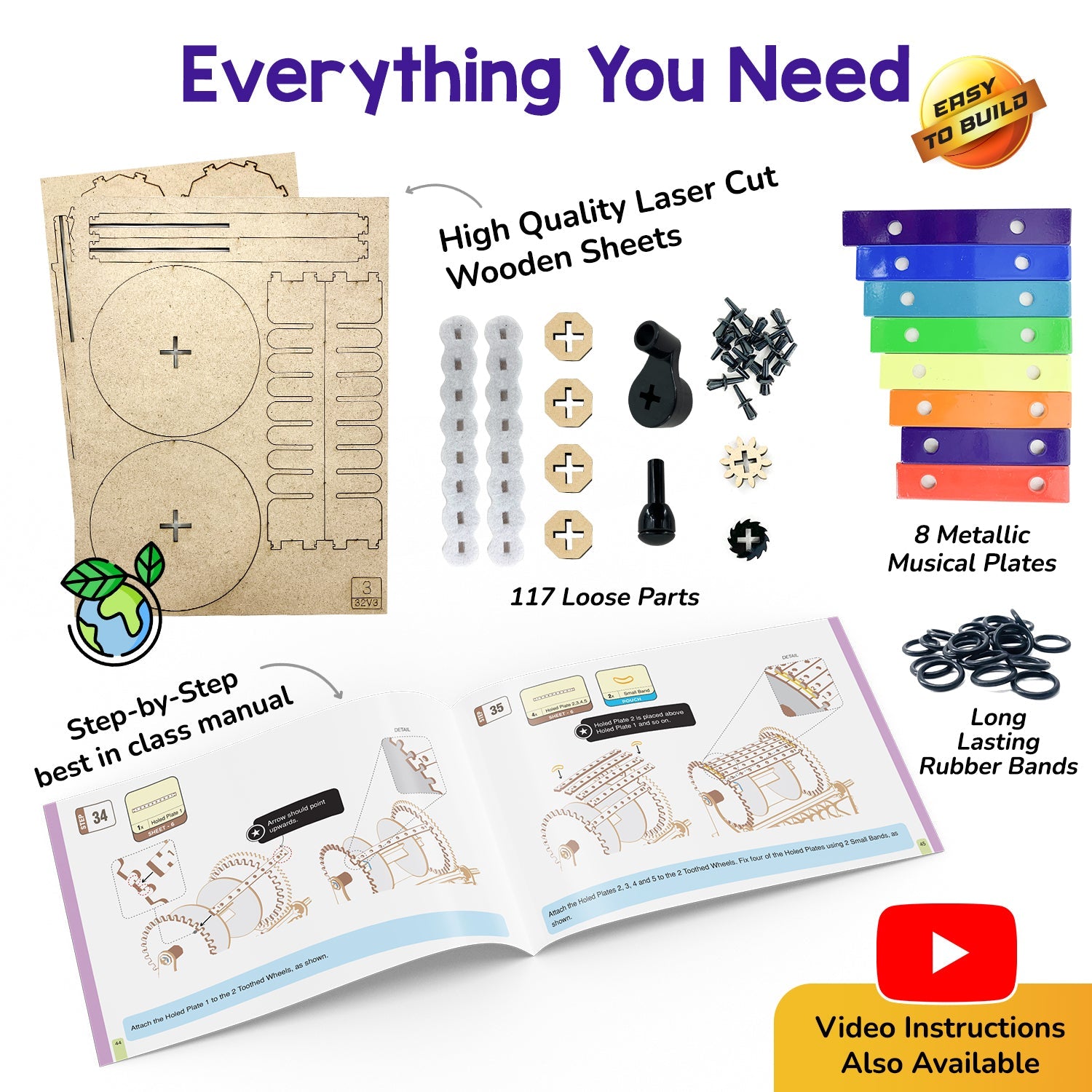 Set of building blocks with wooden sheets, parts, and a manual on a white background