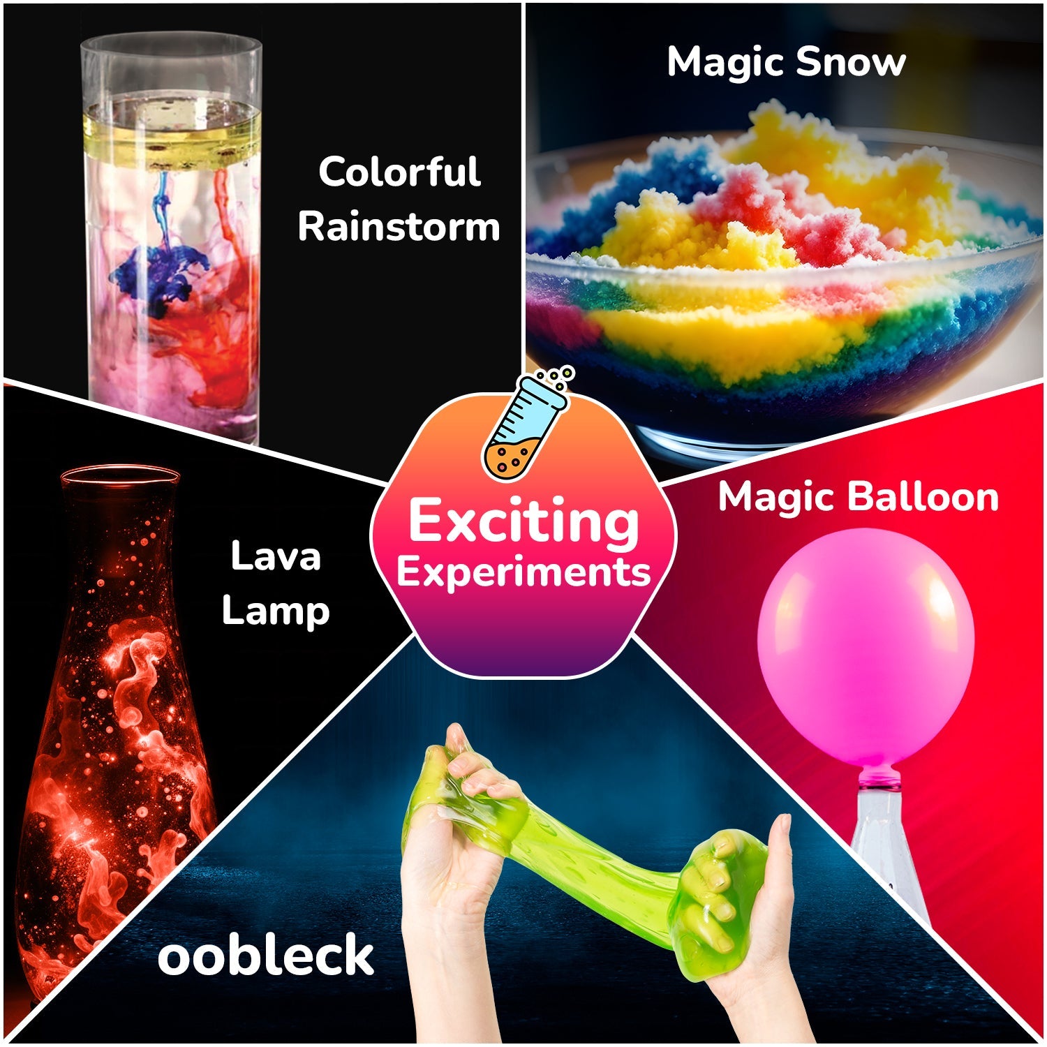 Collage of science experiment kits including Colorful Rainstorm, Magic Snow, Lava Lamp, and oobleck with a pink balloon.