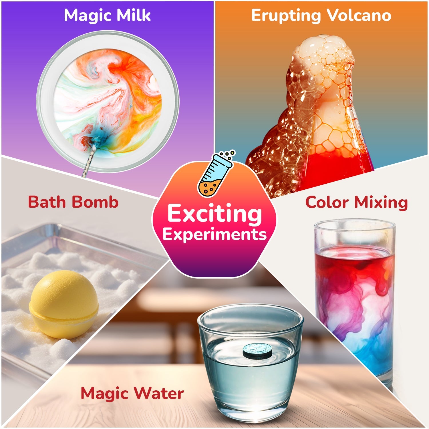 Collage of science experiments including Magic Milk, Erupting Volcano, Bath Bomb, Color Mixing, Magic Water, and Exciting Experiments logo.