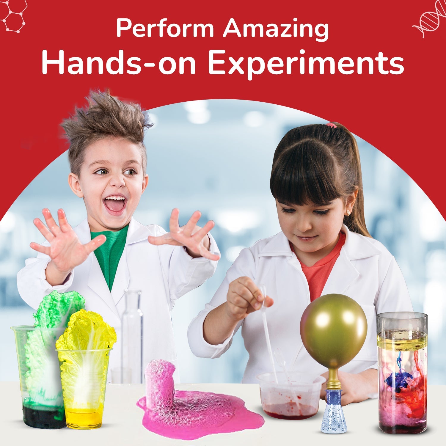 Two children in lab coats conducting science experiments with colorful materials on a red background.