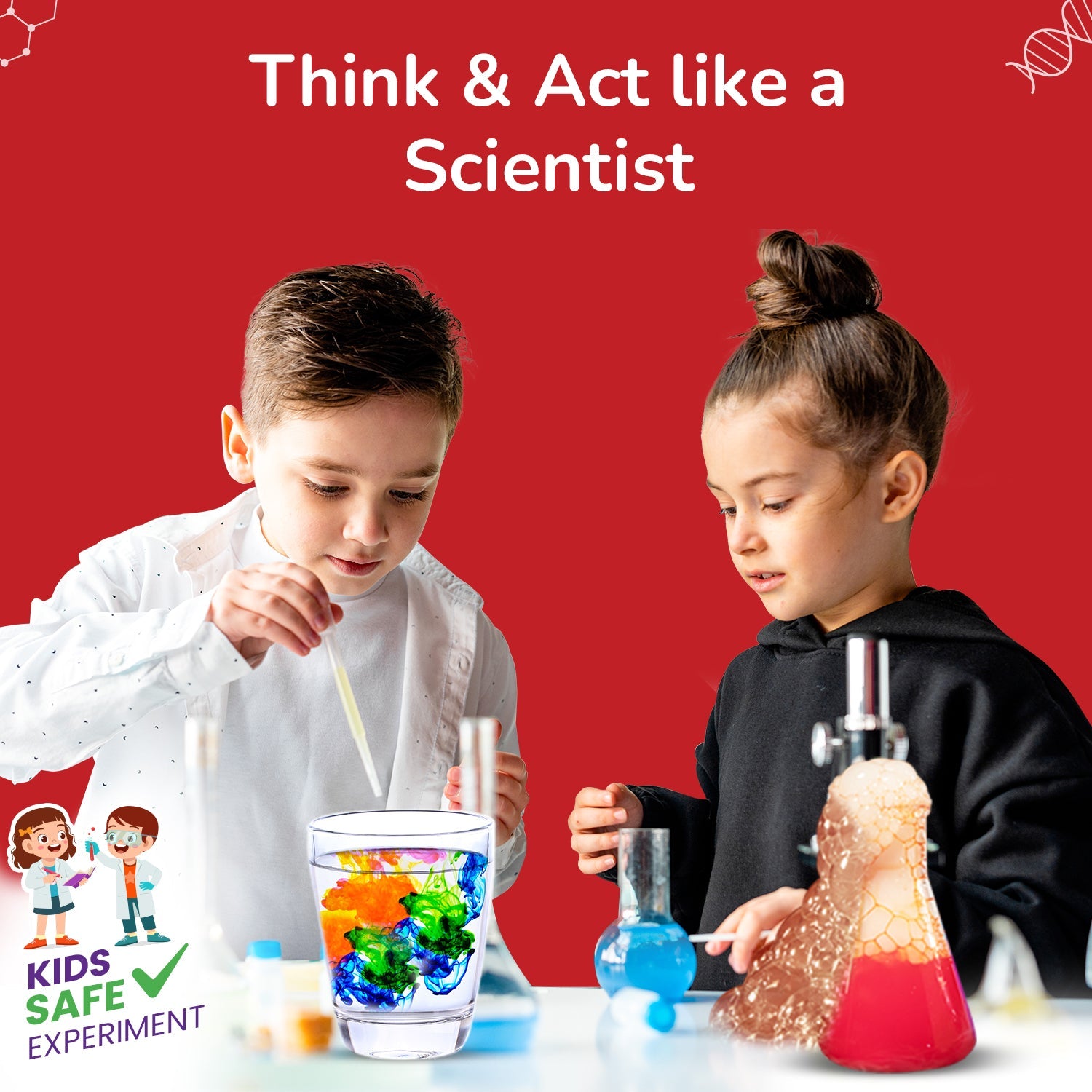 Two children conducting a science experiment with colorful liquids in beakers on a red background.