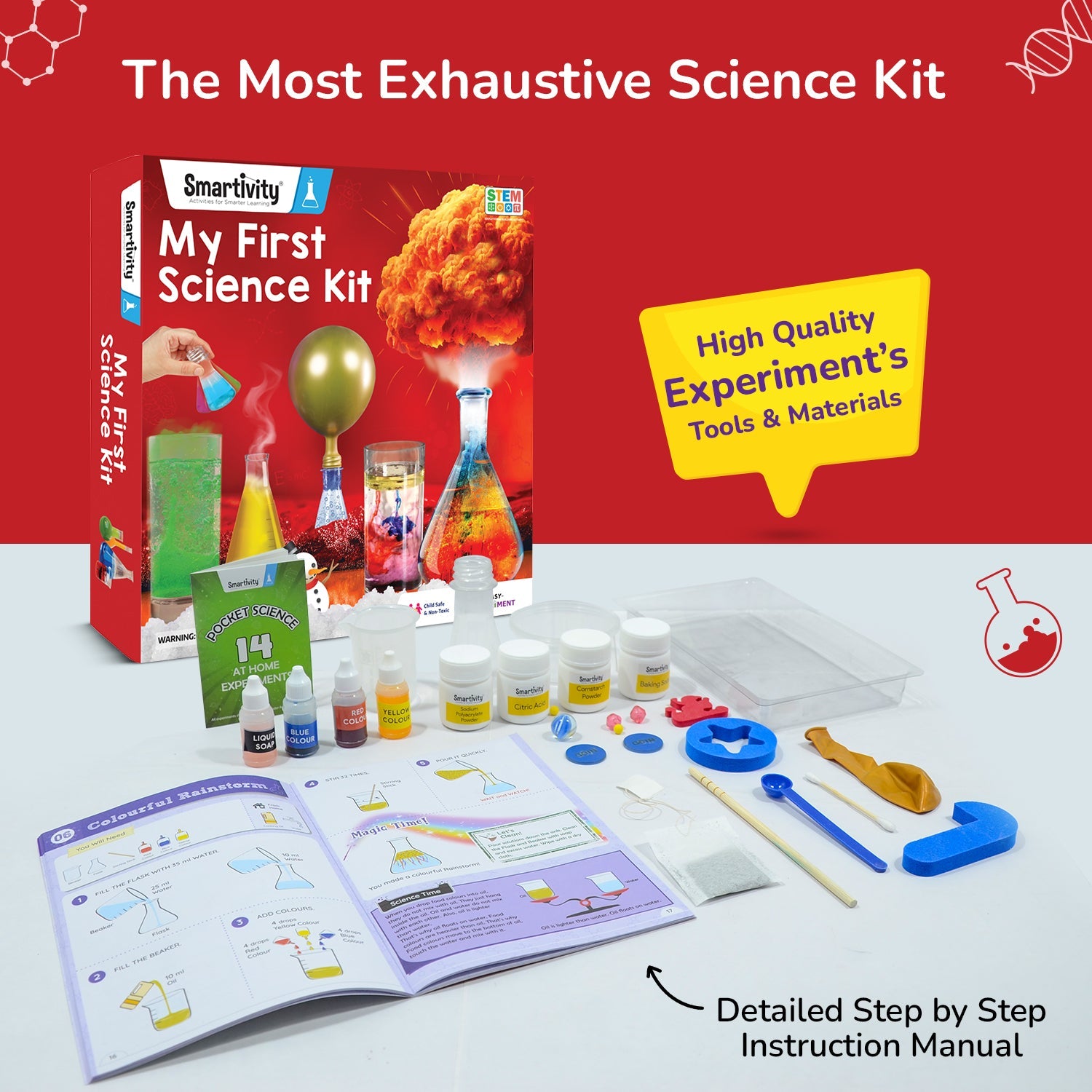 Smartivity My First Science Kit with experiment tools and materials on a white surface against a red background.