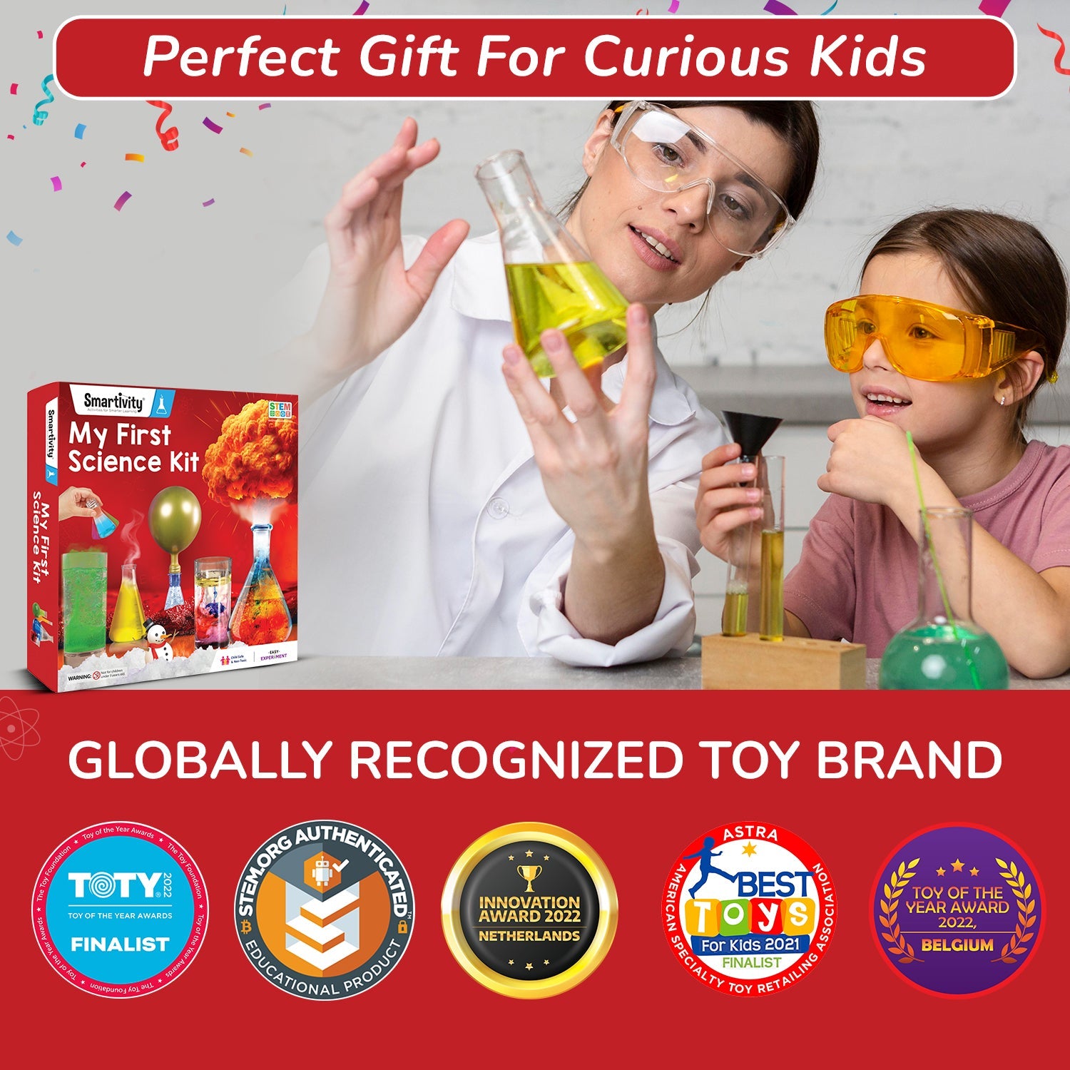 Person and child conducting a science experiment with a science kit, surrounded by awards and accolades.