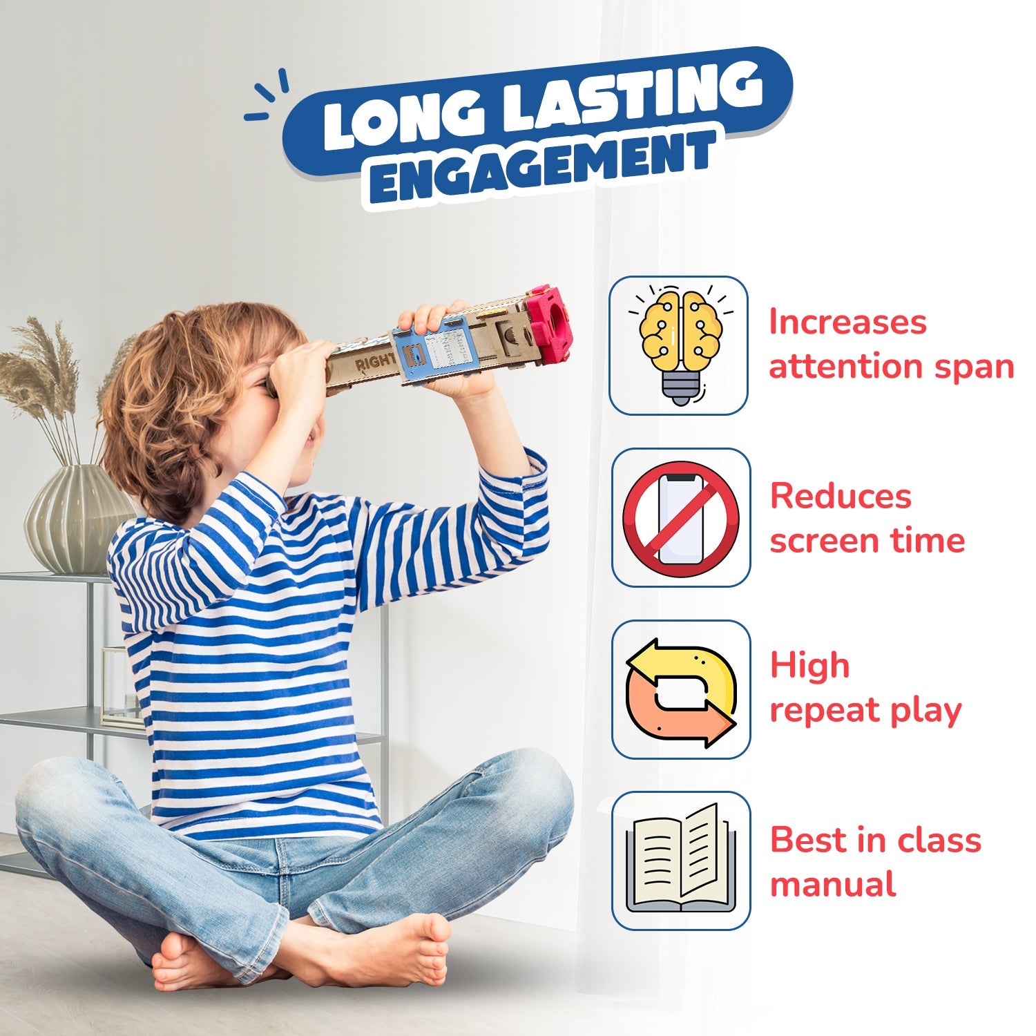 Child playing with a toy, surrounded by icons and text about long-lasting engagement.