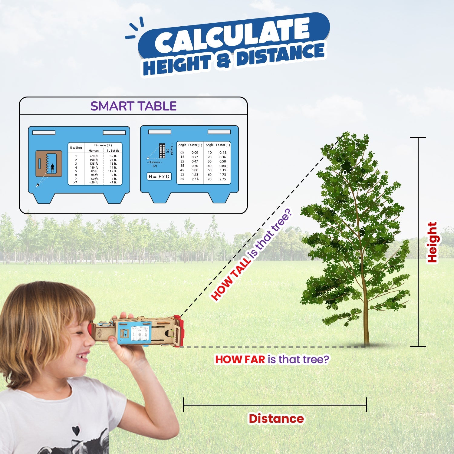 Smart table for measuring height and distance with a child using it, tree in the background.