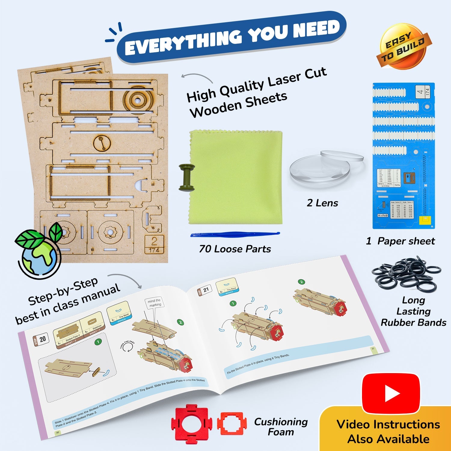 Wooden toy assembly kit with laser-cut wooden sheets, parts, and instructional manual on a white background.