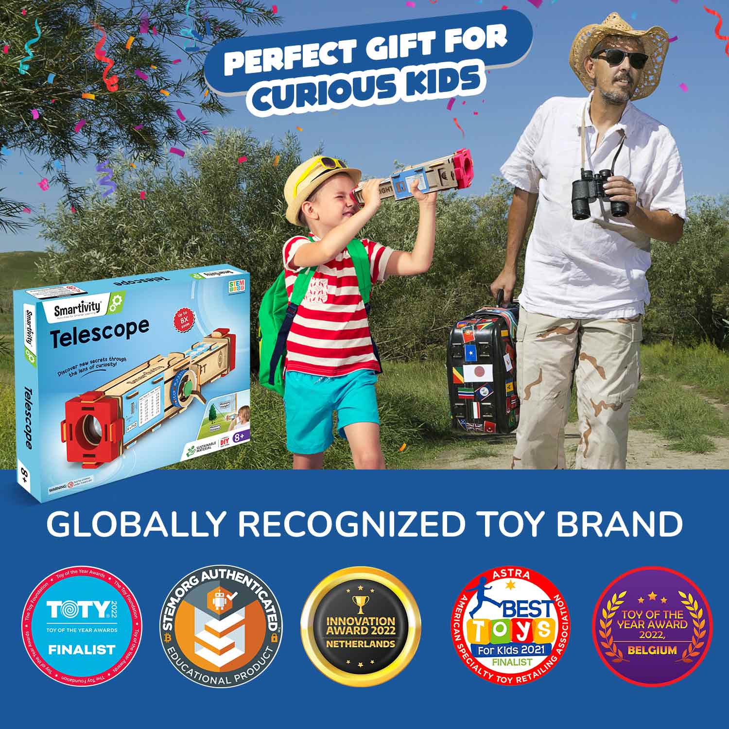 Child and adult with telescope and Smartivity Telescope box in a natural setting, with brand logos at the bottom.
