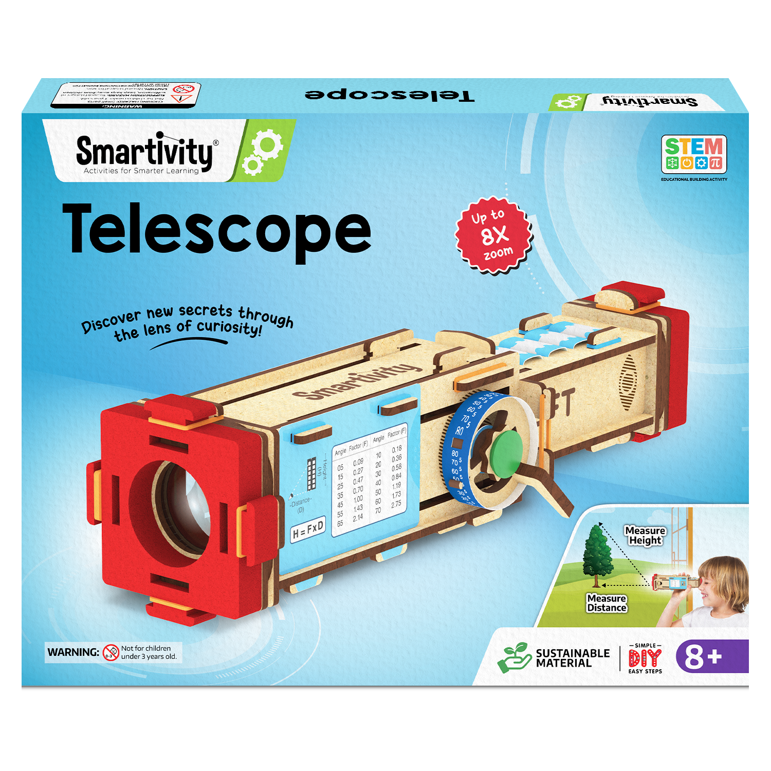 Smartivity Telescope kit packaging with educational content on a blue background