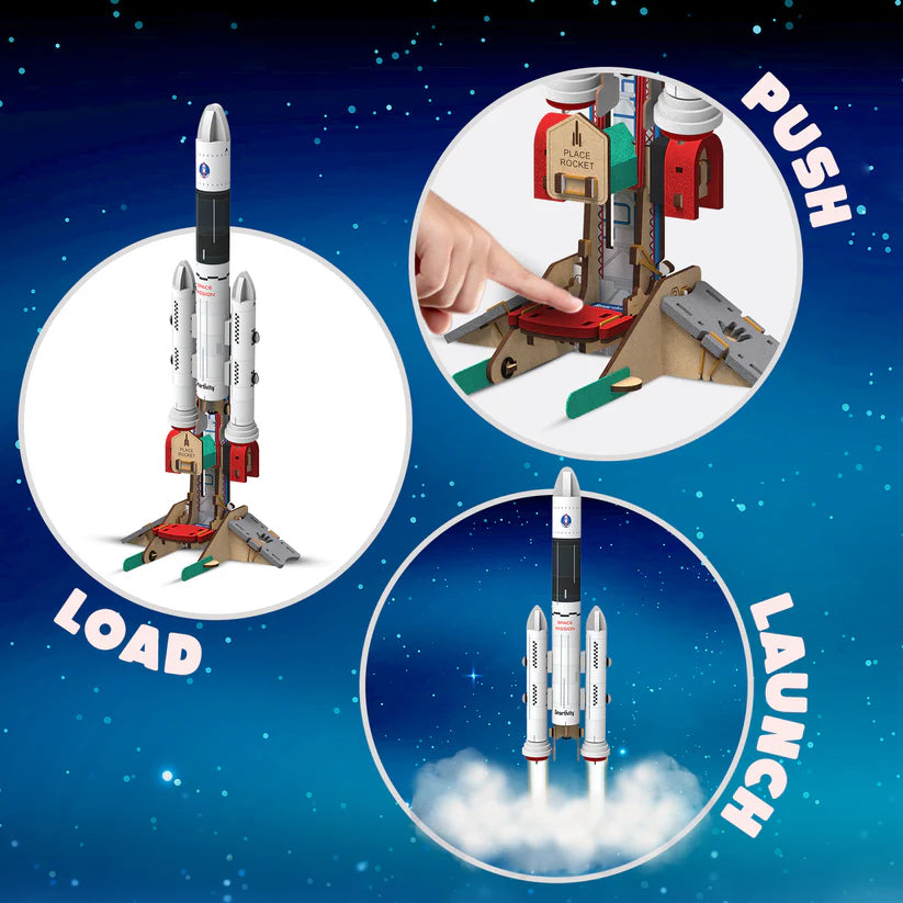 Toy rocket set with 'Load', 'Push', and 'Launch' instructions on a space-themed background.