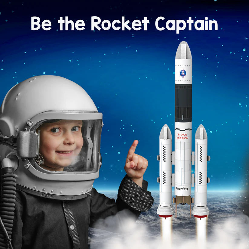 Child in an astronaut helmet with a rocket ship in space, text 'Be the Rocket Captain'.