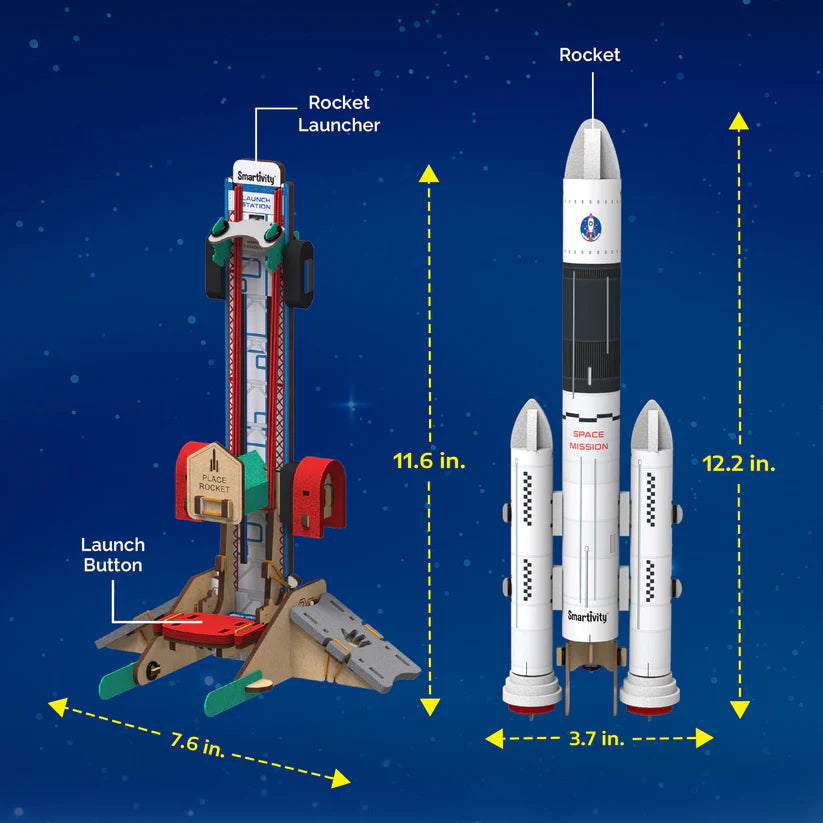 Model rocket and launcher with measurements on a starry background