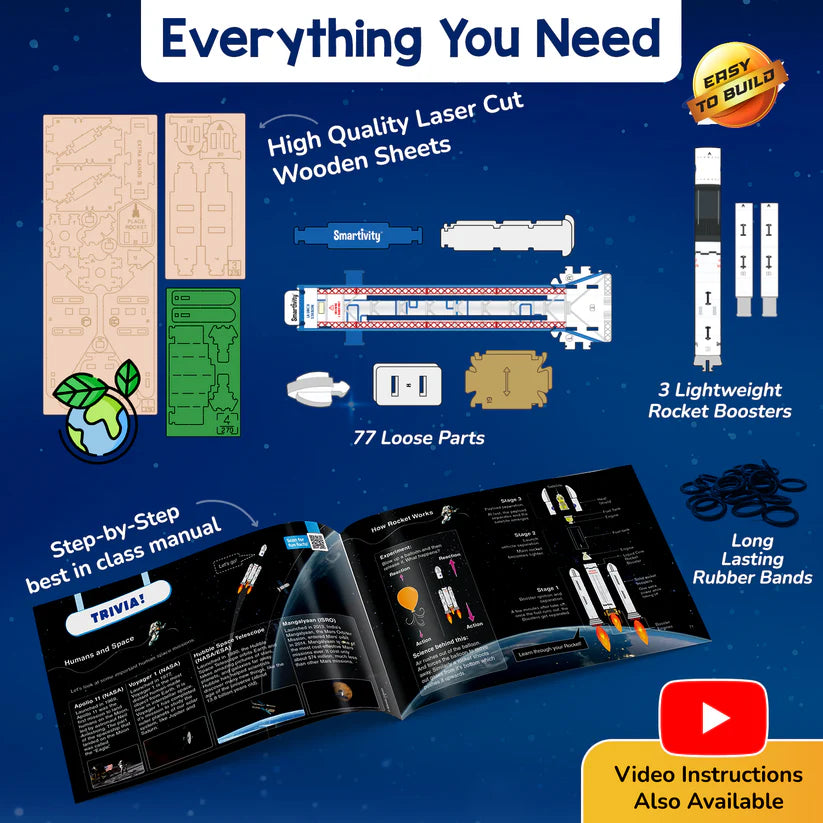 Space-themed model building kit with components and manual on a blue background