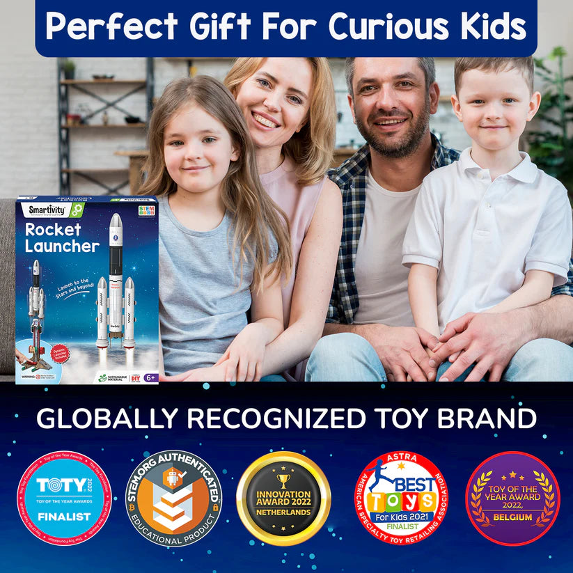 Family with children holding a rocket launcher toy and brand logos on a blue background