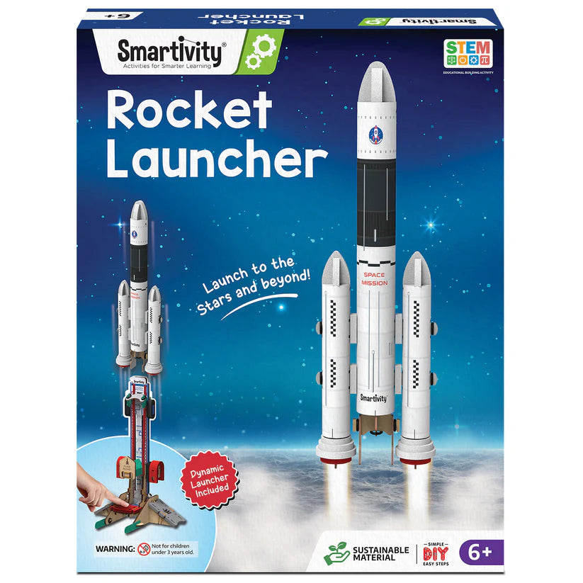 Smartivity Rocket Launcher toy set packaging with rockets and launcher on a blue background